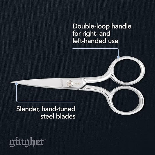 Gingher Embroidery Scissors, Precision Craft Scissors, Hand-Tuned Blades & Double Loop Handle, 4?? Silver/Nickel
