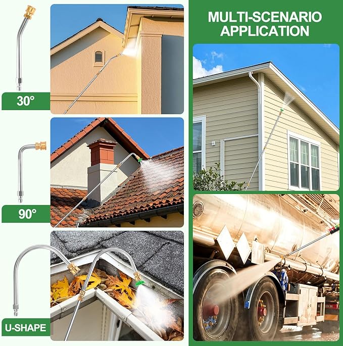 Gutter Cleaning Tools From the Ground, 10 Pack 9 FT Pressure Washer Extension Wand, Power Washer Lance With 6 Pressure Washer Spray Nozzle Tips, 30째, 90째, 120째 Gutter Cleaner Curved Rod, 4000 PSI