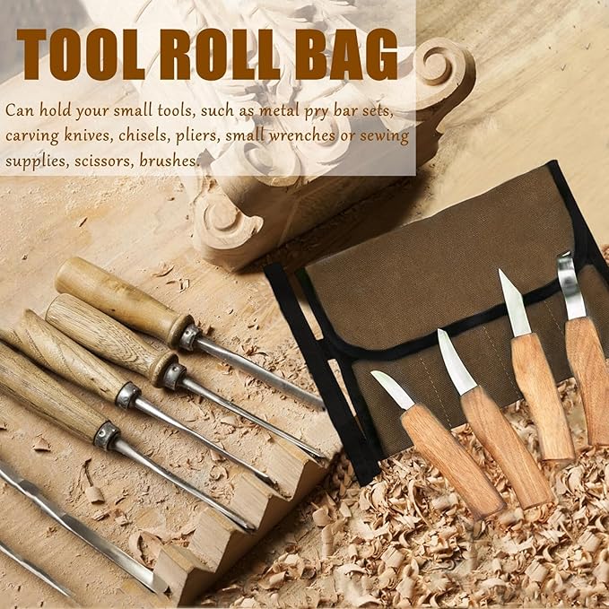 BLIRITEL Small Canvas Chisel Roll, Chisels Bag Tool Organizer with 4 Pockets, Metal Pry Bar Plier Wrench Roll Tool Pouch for Mechanic Carpenter Craftsman (Khaki)