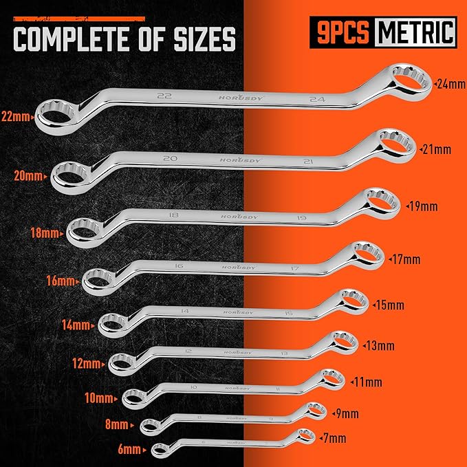 HORUSDY 9-Pieces Metric Offset Box Wrench Set with Rolling Pouch, 50-Degree, Metric 6-24mm, CR-V Steel