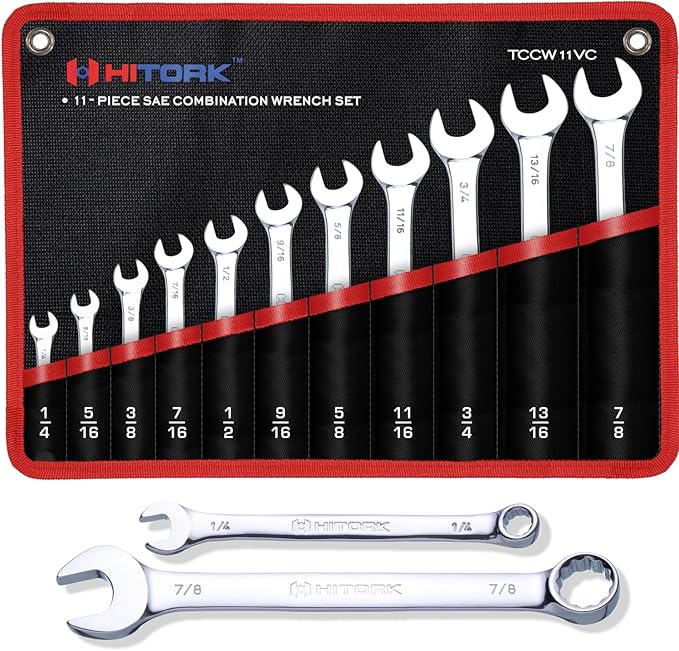 Hitork 11 Piece Combination Wrench Set with Roll Pouch, SAE Sizes (1/4" - 7/8"), Drop Forged Cr-V Steel, Chrome Plated Mirror Finish, 12 Point Box End, 15째 Offset, Exceeds ANSI Standards