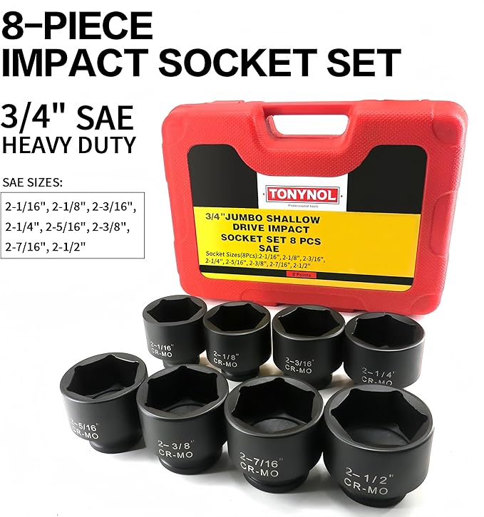 3/4 Inch Drive Impact Jumbo Socket Set,6-Point,SAE(2-1/16" to 2-1/2"),8 Pcs,Cr-MO Steel,With a Storage Case