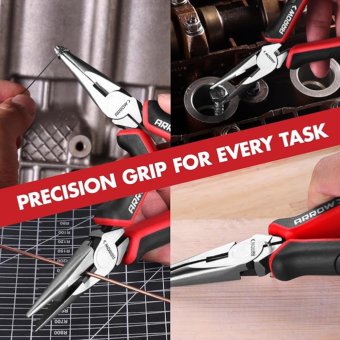 ARROW Needle Nose Pliers, 6-inch Long Nose Cutting Pliers with Wire Cutter, Comfortable TPR Handle, High Carbon Steel, High Leverage Diagonal Design
