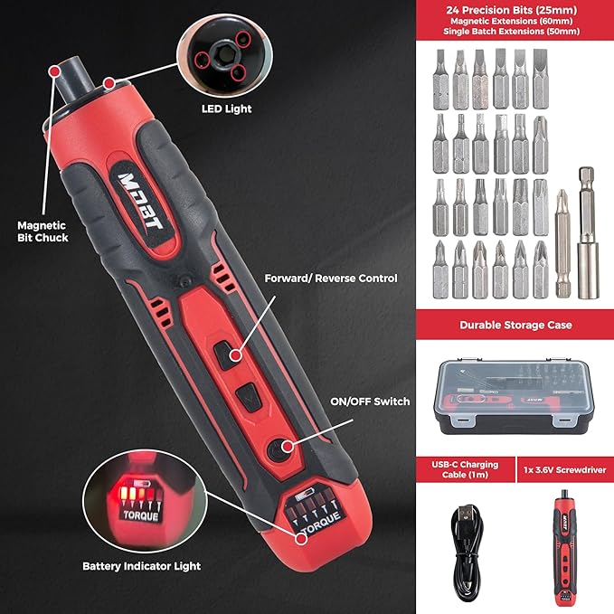 3.6V Cordless Impact Screwdriver Set with 1.5Ah Rechargeable Lithium Battery (Red 02)