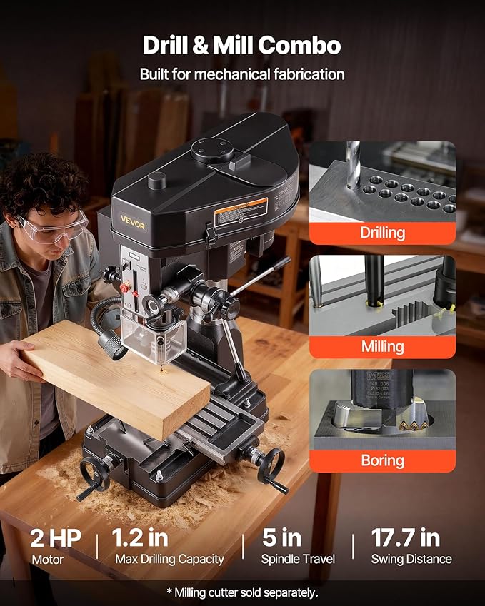 VEVOR 15.875-Inch Mill Drill Machine, 2 HP, Benchtop Milling Drill Press, 150-2560 RPM Adjustable Speed, with Rotating Vise, Laser and Work Light, Milling Drilling Machine, for Woodworking Light Metal