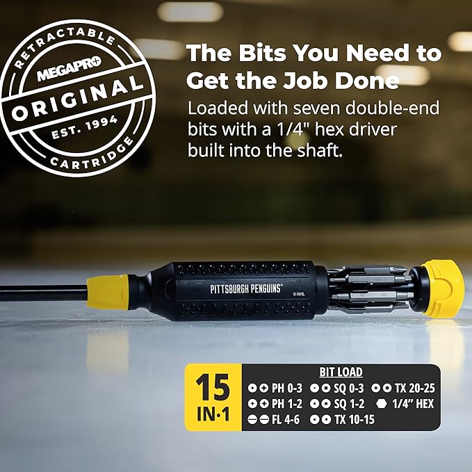 MEGAPRO짰 NHL짰 Team Edition Multi-bit Screwdriver | Officially Licensed NHL짰 Gear | Durable, Ergonomic, Pro-Grade Screwdriver (Pittsburg Penguins짰)