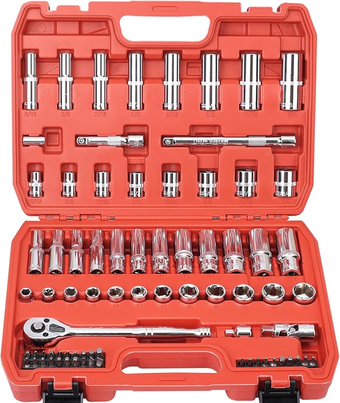 3/8??Drive Socket Set, 76 Pieces Ratchet Wrenches Set, Standard and Deep Metric (8 to 19mm)/SAE (5/16 to 3/4 inch) Size, with 72-Tooth Ratchet for Auto Repairing and Household, with Storage Case