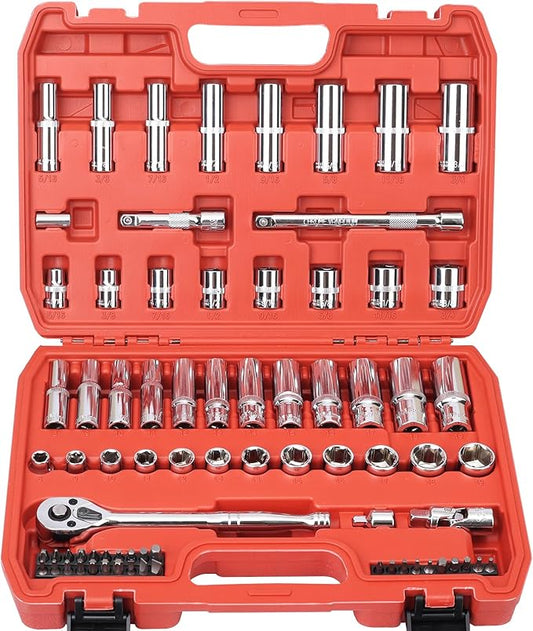 3/8??Drive Socket Set, 76 Pieces Ratchet Wrenches Set, Standard and Deep Metric (8 to 19mm)/SAE (5/16 to 3/4 inch) Size, with 72-Tooth Ratchet for Auto Repairing and Household, with Storage Case