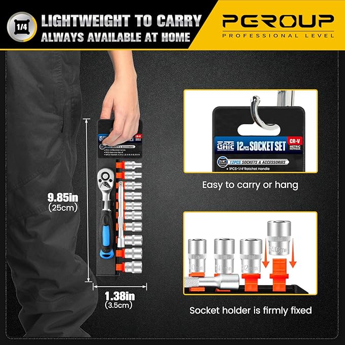 12PCS 1/4" Drive Metric Socket Wrench Set, 90-Tooth Reversible Ratchet Handle竊? Point Shallow Sockets (4-13mm) and Extension Bar 4", CR-V Steel, Tool Set For Car,Motorcycle,Bike Repair