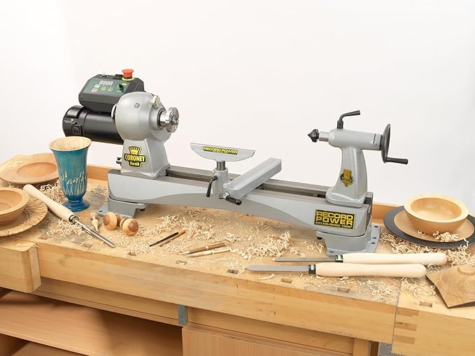 Record Power Coronet Herald Wood Lathe ??Professional Benchtop Lathe with Swivel Head, 1 HP Motor, Variable Speed 95??890 RPM, 1-1/4" Spindle Thread, Compact Design with Heavy-Duty Build