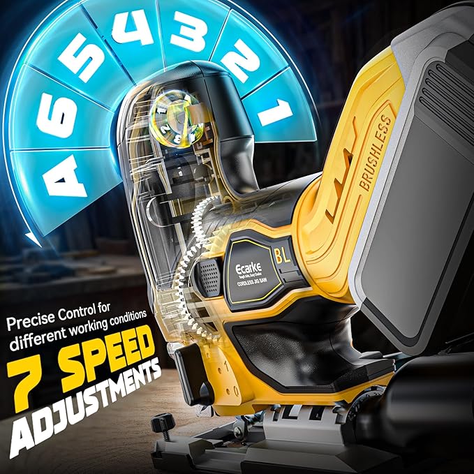 Ecarke Cordless&Brushless Jig Saw Compatible With Dewalt MAX 20V(Only Tool), 3800RPM, 7 Speeds Dial Control, Free-Tool ±45° Bevel Cuts, 4 Orbital Action, Dust Blows and 6 Blades For Cutting