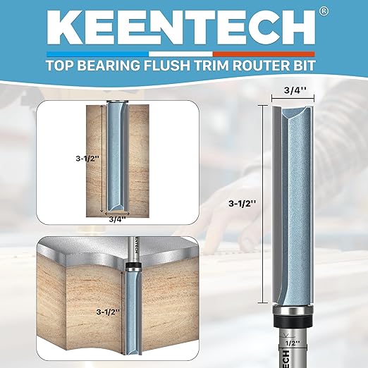 KEENTECH 1/2" Shank Flush Trim Router Bit with Top Bearing, Extra Long, Carbide Tipped Pattern Bit for Woodworking, Heavy Duty Template Cutting Tool, 3/4" Diameter x 3-1/2" Cutting Depth