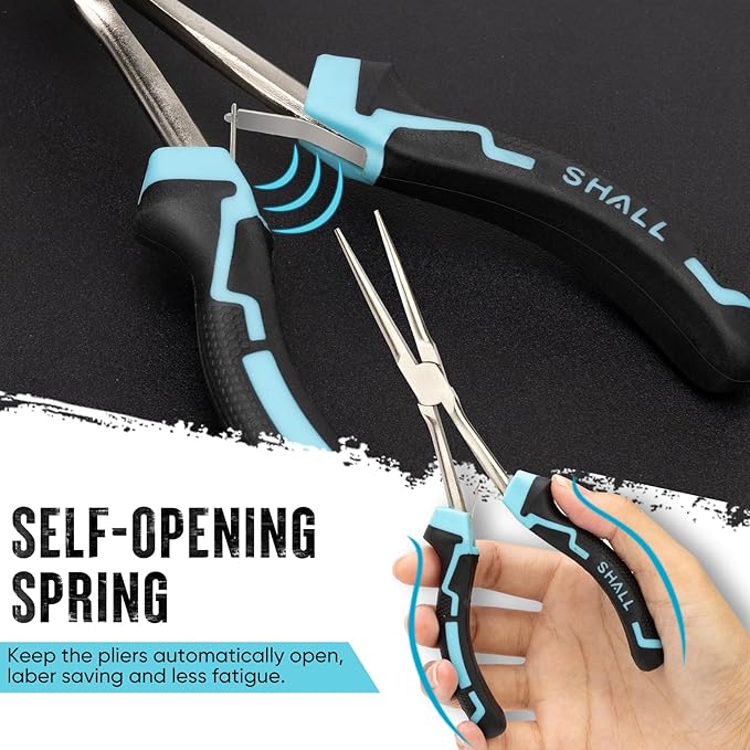 SHALL 7" Long Reach Needle Nose Pliers Set, 2PC Extra Long Nose & Bent Nose Pliers with Comfort Grip Handles, Non-Serrated Mini Pliers for Bending Wire, Jewelry Making, Crafts, Home Repair