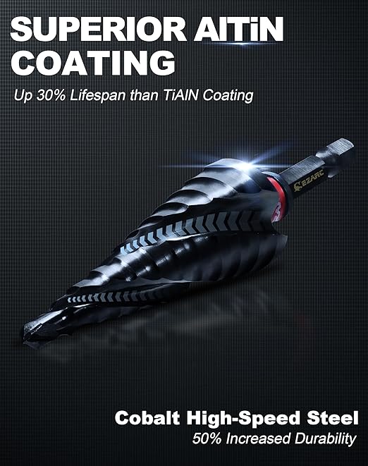 EZARC Step Drill Bit for Metal, M35 Cobalt Step Drill Spiral Flute Unibit Step Drill Bit (3/16''-7/8'') Wear-Resistant AlTiN Coated, 1/4" Hex Shank for Metal, Stainless Steel, Aluminum, Plastic