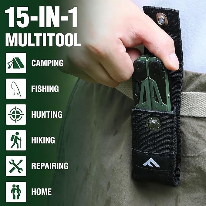 FLISSA Multitool, 15-in-1 Multi Tool Pocket Knife with Sheath, Stainless Steel EDC Multitool Pliers for Men, All-in-One Tools for Camping, Fishing, Survival ??Ideal Christmas Gift for Man