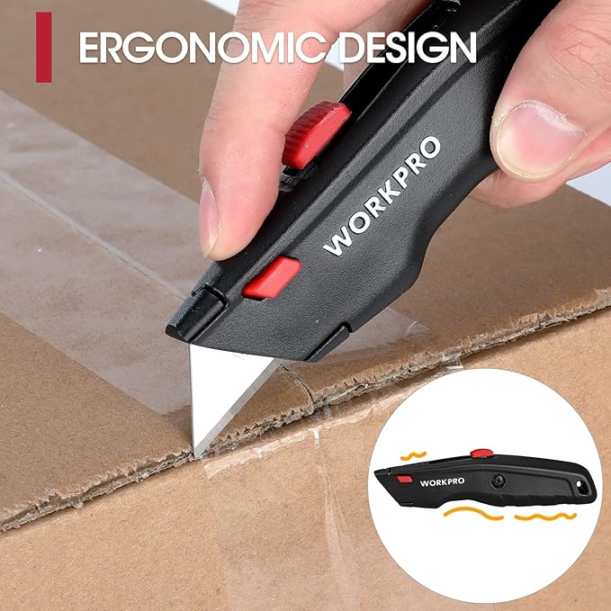WORKPRO Premium Utility Knife, Retractable All Metal Heavy Duty Box Cutter, Quick Change Blade Razor Knife, with 10 Extra Blades, Set of 3 (Black, Red, Blue)