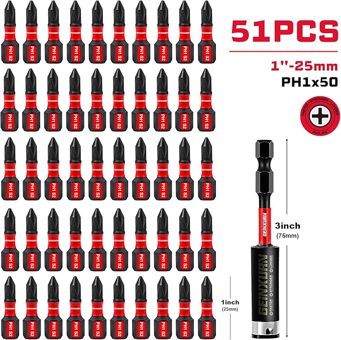 Impact Tough #1 Phillips 1 in. Insert Driver Bits,50Pack PH1 Screwdriver Bits Set with 1Pcs Impact Bit Holder,Bulk