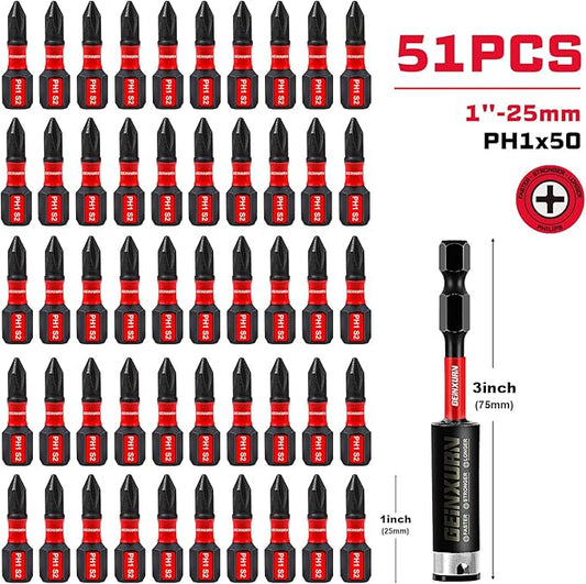 Impact Tough #1 Phillips 1 in. Insert Driver Bits,50Pack PH1 Screwdriver Bits Set with 1Pcs Impact Bit Holder,Bulk