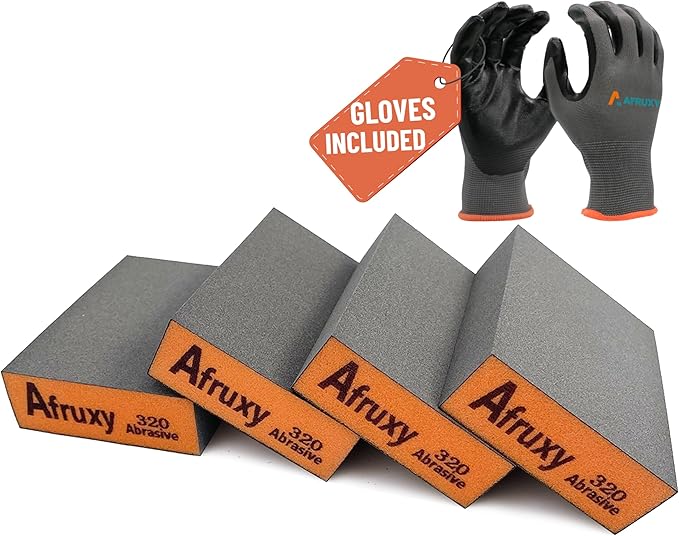 4-Pack 320 Grit Sanding Sponges with Work Gloves ??Superfine High-Density Sandpaper Blocks for Wood, Drywall, Metal, and Furniture Polishing ??Reusable Wet/Dry Sanding Blocks