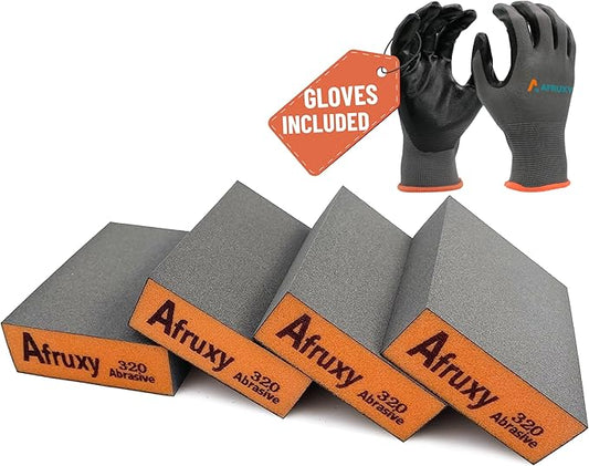 4-Pack 320 Grit Sanding Sponges with Work Gloves ??Superfine High-Density Sandpaper Blocks for Wood, Drywall, Metal, and Furniture Polishing ??Reusable Wet/Dry Sanding Blocks