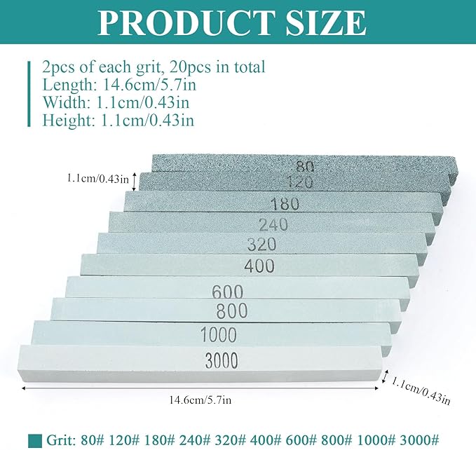 Supkiir 20Pcs Rectangular Sharpening Stone Set, 80#-3000# Green Silicon Carbide Whetstone Stones Sticks, Honing Stone Sharpening Stones for Knives Polishing Carving Models Metal Cutting Tools
