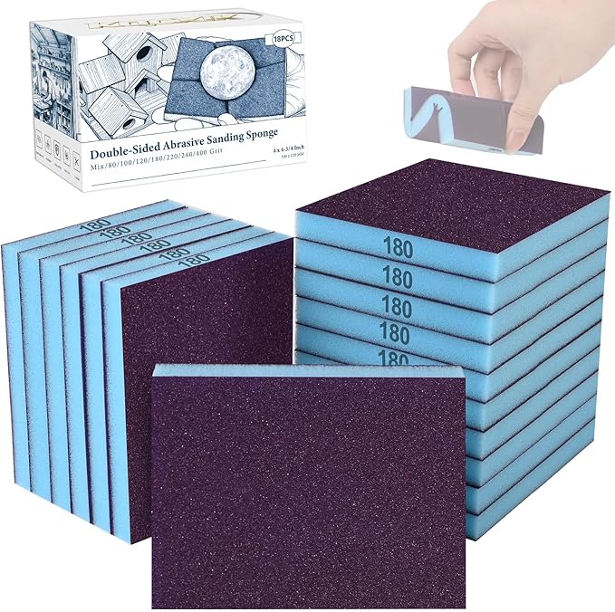 18 Pack Double-Sided Sanding Sponge, Wet Dry Sanding Blocks 180 Grit Washable Sandpaper Sponge Assortment Pack for Curved Wood Furniture Paint Drywall Metal