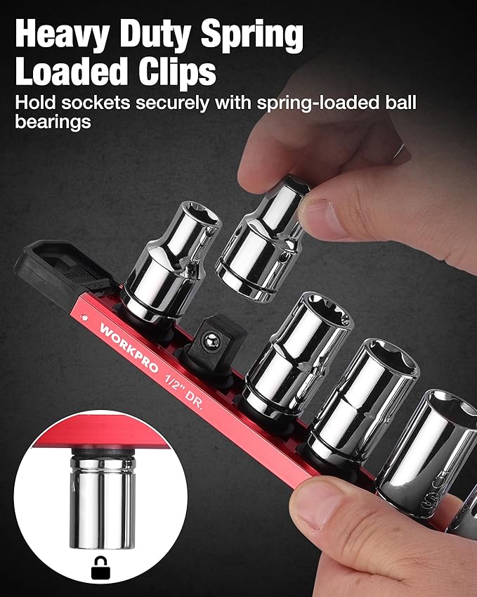 WORKPRO Magnetic Socket Organizer, 1/2" Drive Aluminum Alloy Socket Holder with 10 PC Removable Socket Clips for Quick Customization, Socket Rail for Tool Box Drawer (Sockets Not Included)
