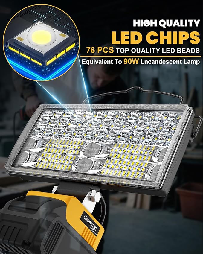 LIVOWALNY LED Work Light Compatible with Dewalt, 100W 10000LM 7" Flood Battery Light, Cordless LED Flashlights with USB & Type-C & Low Voltage Protection & 140째 Pivoting Head for Emergency & Job Site