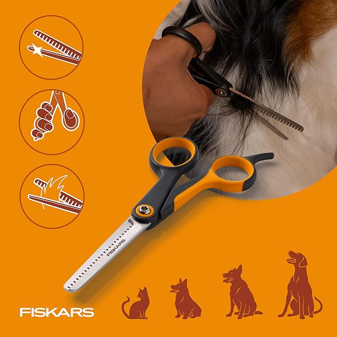 Fiskars Pet Scissors, Dog and Cat Grooming Scissors, Serrated Teeth for Thinning & SoftGrip Handle, Cat and Dog Supplies, 6.5?? Orange/Black, Blending Scissors