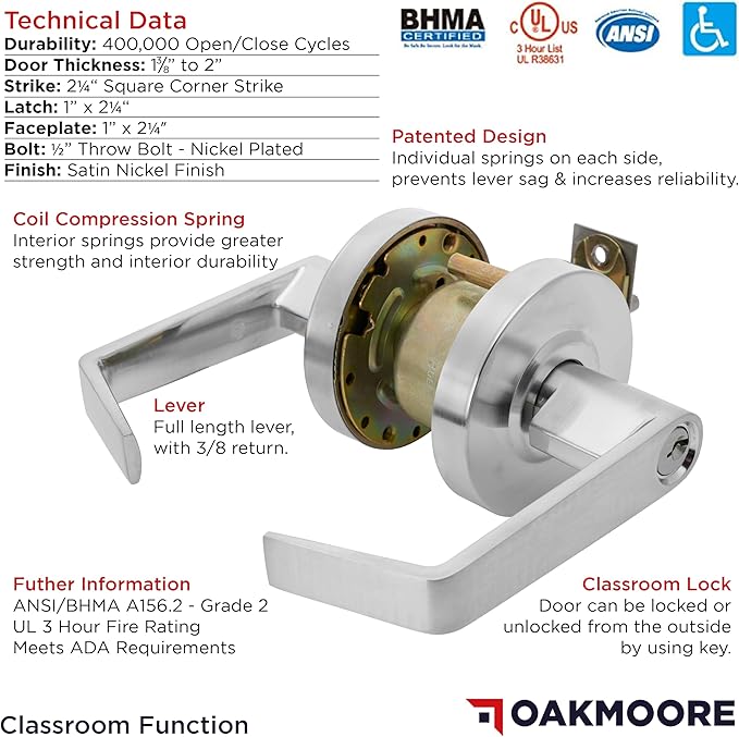 Premium Commercial Door Handle Grade 2 (Classroom) Heavy Duty Lockset Keyed ??Schools Offices Industrial Standard ??Grade 2 UL CUL and ADA ??Nickel Chrome Finish ??ANSI A156.2