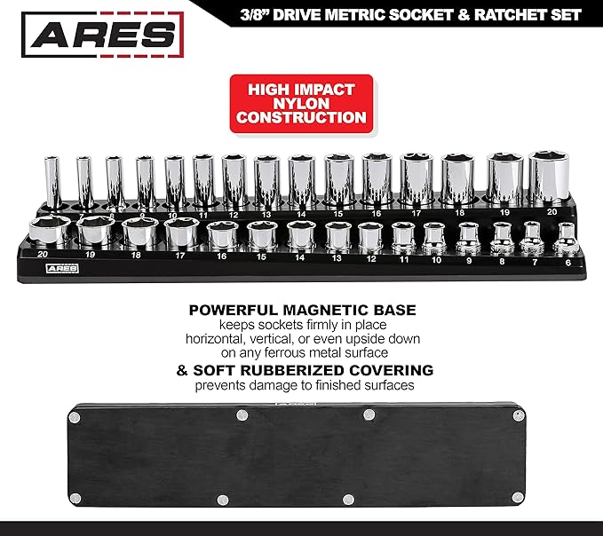 ARES 47004-32-Piece 3/8-inch Drive Metric Socket and 90-Tooth Ratchet Set with Magnetic Organizer - Sizes 6mm to 20mm Deep and Shallow Sockets