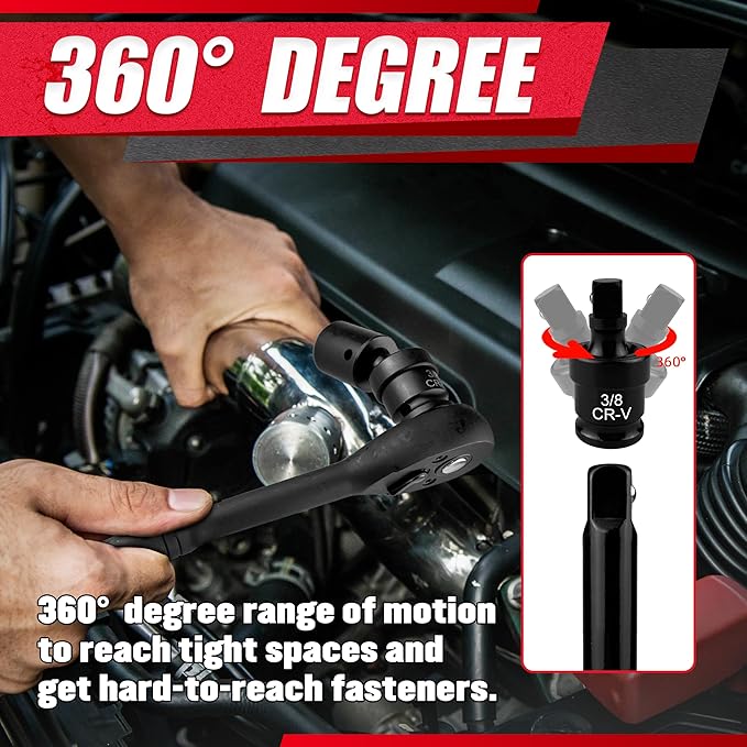 49PCS 3/8??Impact Socket Set,Drive Deep and shallow Impact Socket Set,SAE&Metric(5/16"-3/4",8mm-22mm) with Extension Bars,Universal Joint and Adapter,CR-V Steel,6-Point