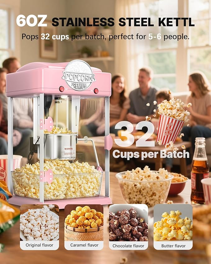 6 Oz Popcorn Machine, Tabletop Popcorn Maker, Countertop Pop Corn Machine, Movie Theater Popcorn Popper Machine with Stainless-Steel Kettle, Measuring Tool for Home Family, 300 W, Pink