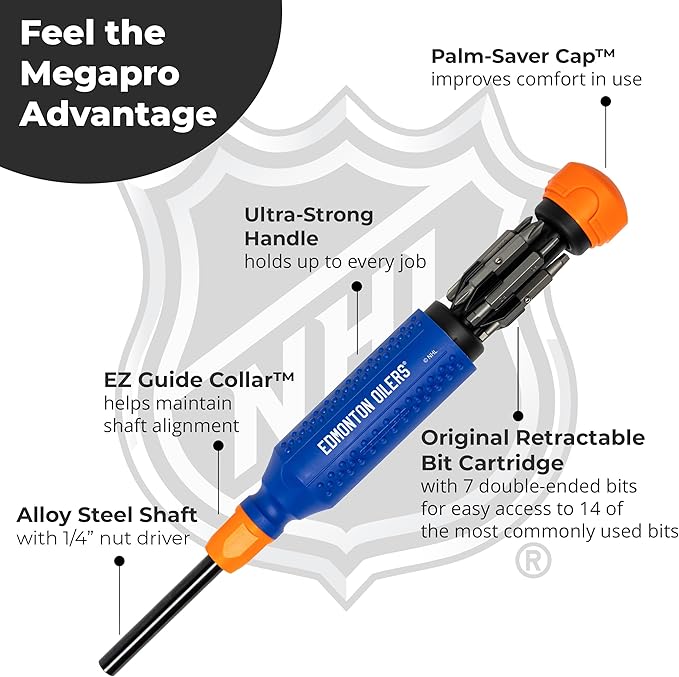 MEGAPRO짰 NHL짰 Team Edition Multi-bit Screwdriver | Officially Licensed NHL짰 Gear | Durable, Ergonomic, Pro-Grade Screwdriver (Edmonton Oilers짰)