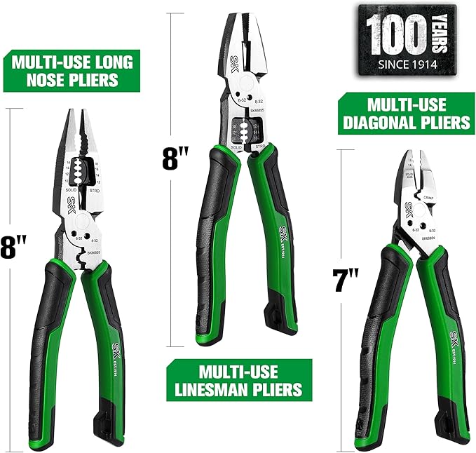 SK 3-Piece Pliers Set, 8-Inch Multi-use Noodle Nose Pliers, 7-Inch Multi-use Diagonal Pliers and 8-Inch Multi-use Linesman Pliers, CR-V Construction, Anti-slip Handle, with EVA Foam Tool Organizer