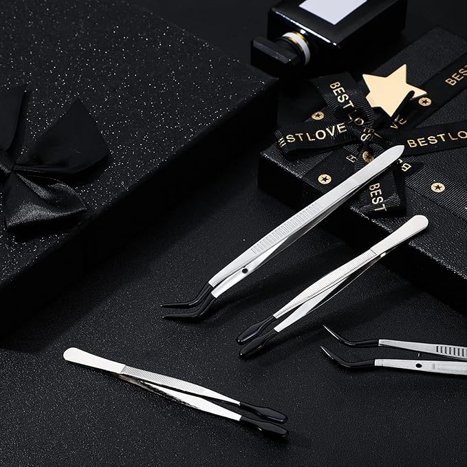 Honoson 4 Pieces Rubber Tipped Tweezers PVC Silicone Tip Tweezers Coated Flat and Bent Forceps for Lab Industrial Jewelry Craft Coin Stamp Tongs(Black)