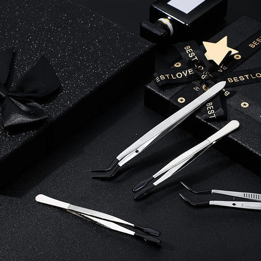 Honoson 4 Pieces Rubber Tipped Tweezers PVC Silicone Tip Tweezers Coated Flat and Bent Forceps for Lab Industrial Jewelry Craft Coin Stamp Tongs(Black)