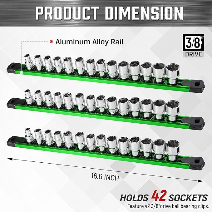 ALOANES 3-Piece Magnetic Socket Organizer, Heavy Duty Aluminum Socket Rails Organizer, 360째 Swivel Clips Socket Rail Set For Sockets Storage, 3/8-Inch Socket Holder x 42 Clips (Green)