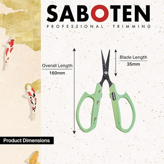 Saboten Fluorine Coated Angled Blade Trimming Scissors Green PT-2 160mm Precision Gardening Bonsai and Floral Shears Made in Japan