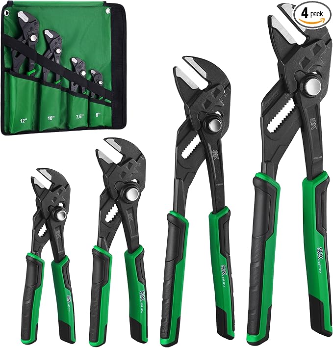 SK 4-Piece Pliers Wrench Set, Adjustable Parallel Smooth Jaw Pliers, 6-Inch, 7.5-Inch, 10-Inch, 12-Inch, Premium CR-V Construction, with Rolling Pouch