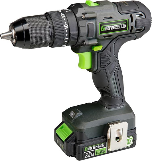 Genesis G20MAX 20V Cordless 1/2" Hammer Drill with 2.0Ah Battery & Charger, All-Metal Ratcheting Chuck, 2-Speed Range (GLHD20B)
