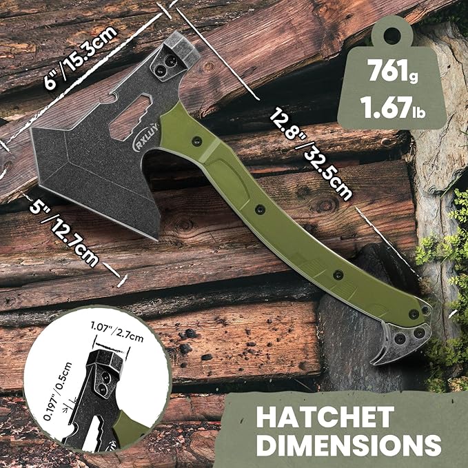 Tactical Axe with G10 Handle Camping Survival Hatchet, Multifunctional Hiking Outdoor Heavy Duty Full Tang Tomahawk Tools with Hammer, Unique Design Crowbar, Leather Sheath (Green)