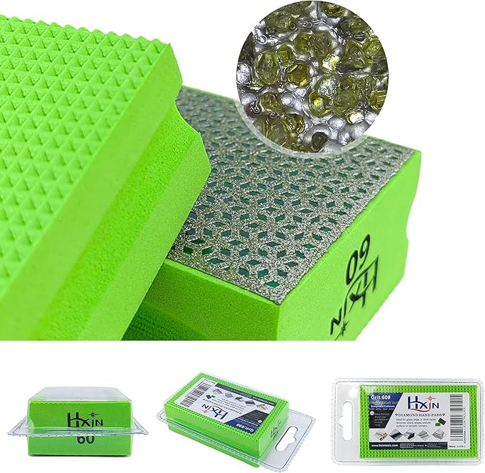 Diamond Hand Polishing Pad Diamond Sanding Block Foam Backed Diamond Sponge Sanding Pads for Wet or Dry Grinding polishing for Granite Marble Stone Tile Glass Ceramic (1, 60# Cubic)