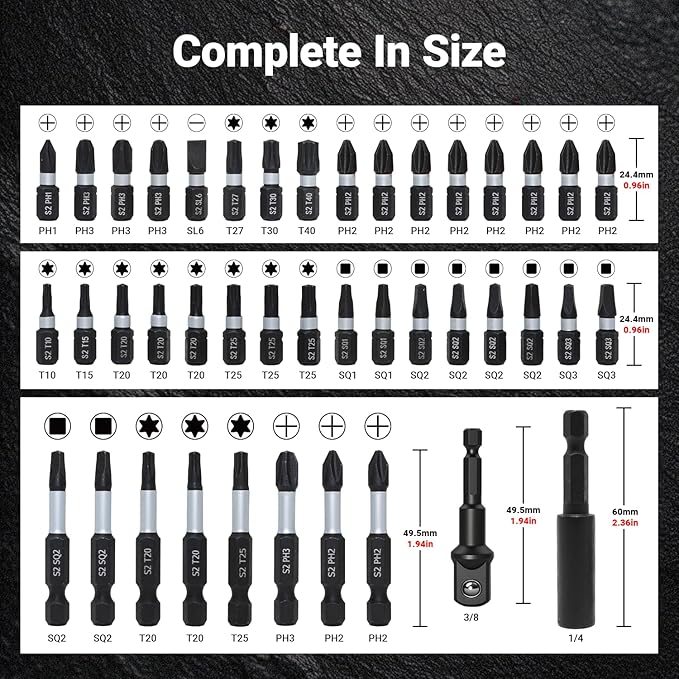 42-Piece Impact Screwdriver Bits Set with Phillips, Magnetic S2 Steel Phillips/Slotted/Square/Torx Insert Power Bits Tips, Impact Bit Holder with Black Storage Box Case