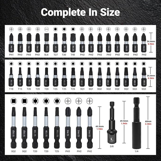42-Piece Impact Screwdriver Bits Set with Phillips, Magnetic S2 Steel Phillips/Slotted/Square/Torx Insert Power Bits Tips, Impact Bit Holder with Black Storage Box Case