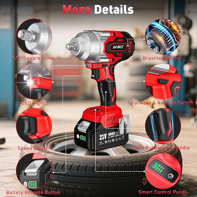 Avrhit 1300N.m(960ft-lbs) Cordless Impact Wrench, Electric Impact Gun 1/2 Inch, 2200RPM Power, 2x 4.0Ah Batteries, High Torque Impact Driver for Car/Truck RV/Mower