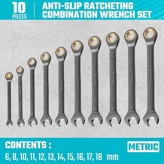 DURATECH Anti-Slip Ratcheting Wrench Set, Combination Wrench Set, 10-Piece, Metric 6-18mm, 72-Tooth, Nickel Plating, CR-V Steel, with Pouch