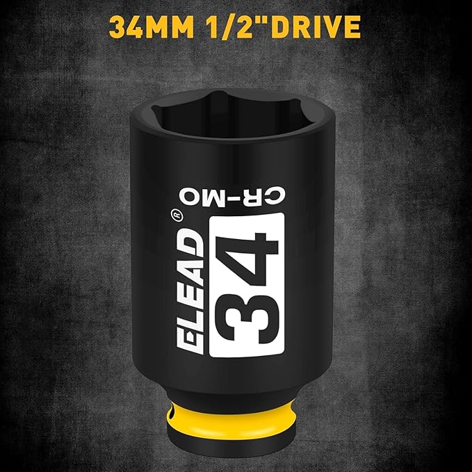 ELEAD 1/2" Drive Deep Impact Socket, 34 mm Metric 6 Point 1/2-inch Drive Impact Axle Nut Sockets, CR-MO Nut Socket Set, Oil Filter Sockets, Tools for Easy Removal of Axle Shaft Nuts