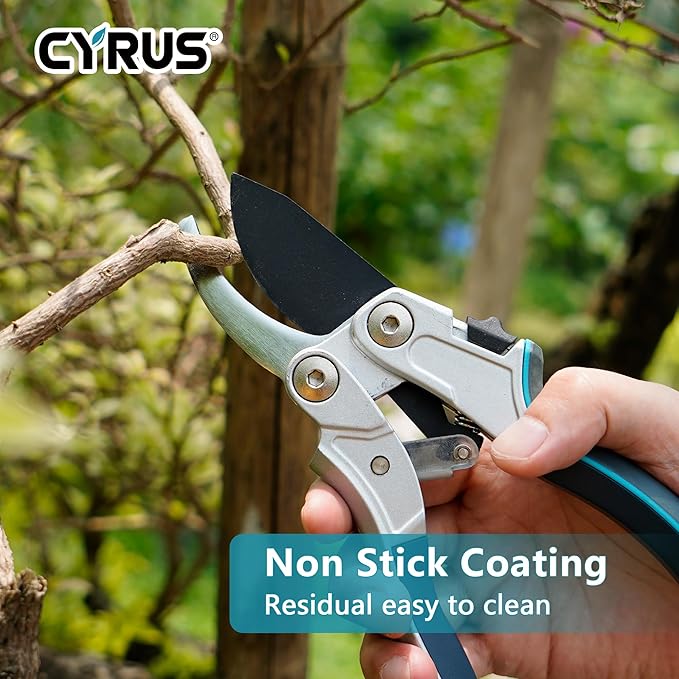CYRUS Pruning Garden Shears with Ratchet labor-saving Lever, Carbon Steel Non-Stick Blade, Aluminum Handle & Safety Lock, Sharp Flower Scissors for Trimming Branches Up to 0.9 Inch