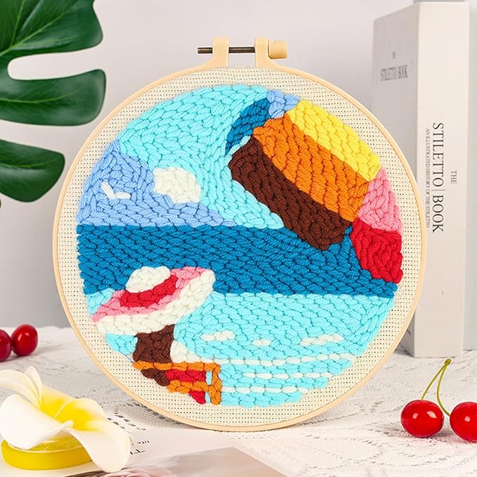 Woohome Punch Needle Kit Included Plastic Hoops, Punch Needle Cloth, Color Yarn and Punch Needle Tools for Adults, Beginners (Lighthouses, Sailboats, Blue Sky)